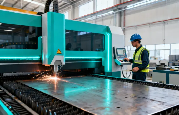 Engineer operating a Coherent Laser fiber cutting system in a modern factory